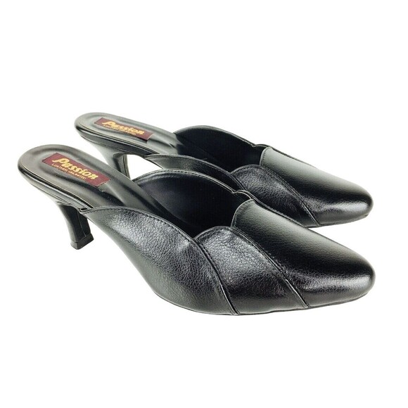 Vintage 90s PASSION Black Leather Scalloped Heels Mules Size 7/7.5 NEW - Picture 2 of 11